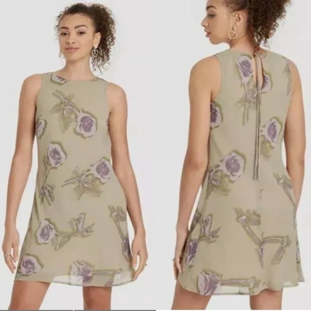 DRESS WILD FABLE LIGHT OLIVE GREEN/PURPLE FLORAL SLEEVELESS MINI
